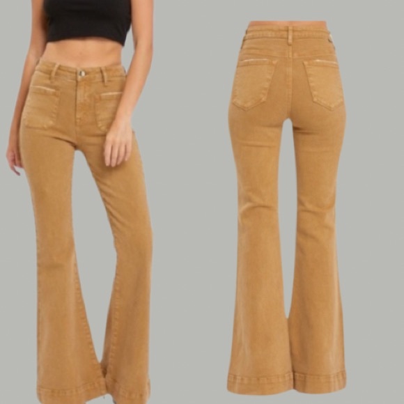 Denim - New Trending High Rise Patch Pocket Bell Bottom Flare
Jeans in  Mocha
